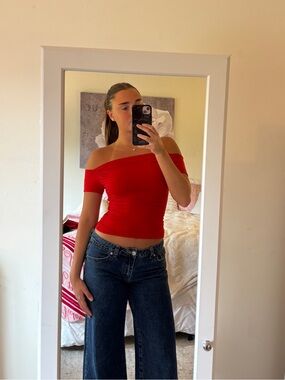 Windsor Bright Red Off-the-Shoulder Crop Top